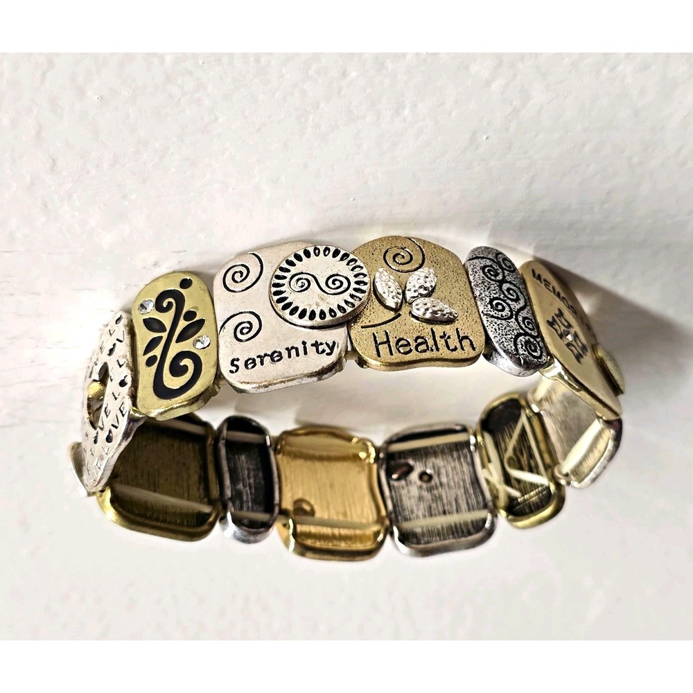 Gold & Silver Tone Metal Stretch Link Charm Bracelet Family Love